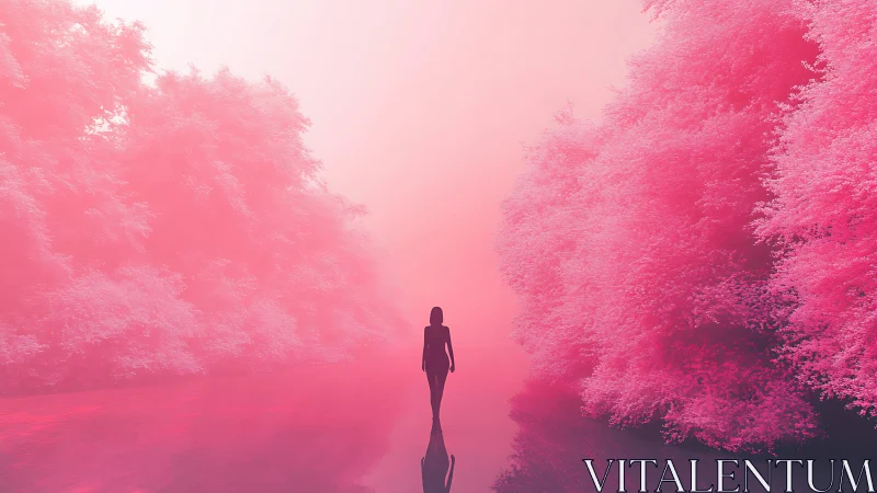 Solitary figure walks through neon pink dream forest.