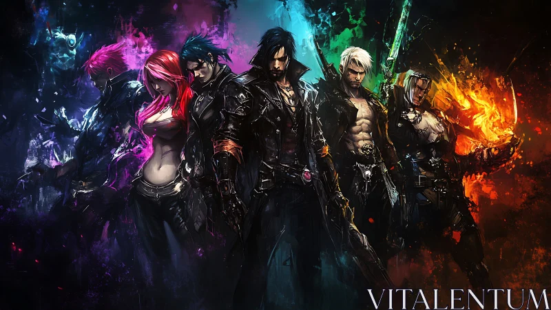 Cyberpunk warrior squad with elemental neon energy spectrum.