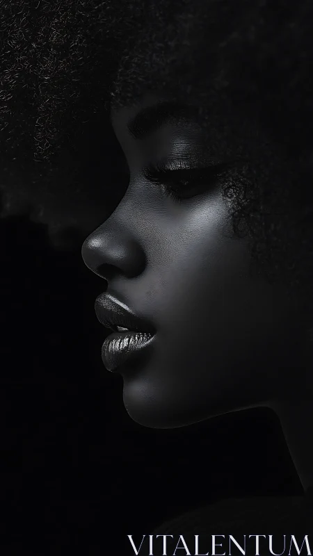 Photorealistic side-profile portrait with sculptural chiaroscuro lighting.