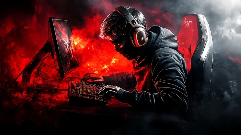 Midnight gamer cloaked in firelit pixels and focused fury.