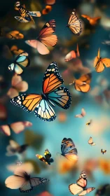 Multicolor monarch swarm in shallow-depth atmospheric bokeh field.