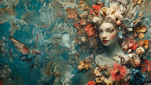 Floral muse emerging from textured teal dreamscape.