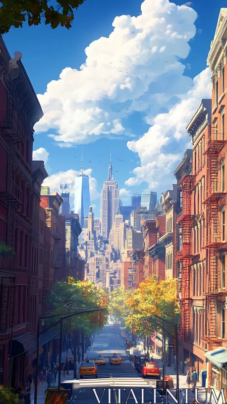 Sunlit city canyon where cozy streets meet bright skies.