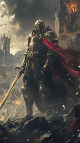 Armored knight stands defiant amid firelit ruined battlefield