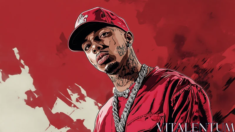 Bold rap portrait stands against a vivid red abstract backdrop