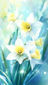 Spring Daffodils Bloom in Luminous Blue Gradient.