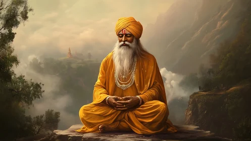 Serene orange-robed guru meditates amid misty sacred mountains