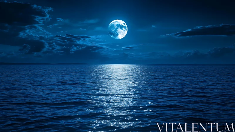 Full moon over calm ocean with strong blue night light.