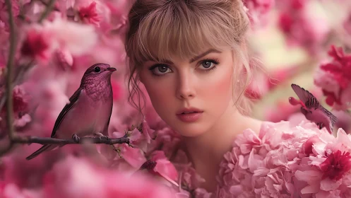 Soft spring portrait with pink songbirds and blossoms.