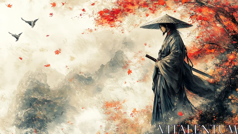 Ronin swordsman in autumn misted mountains, digital artwork