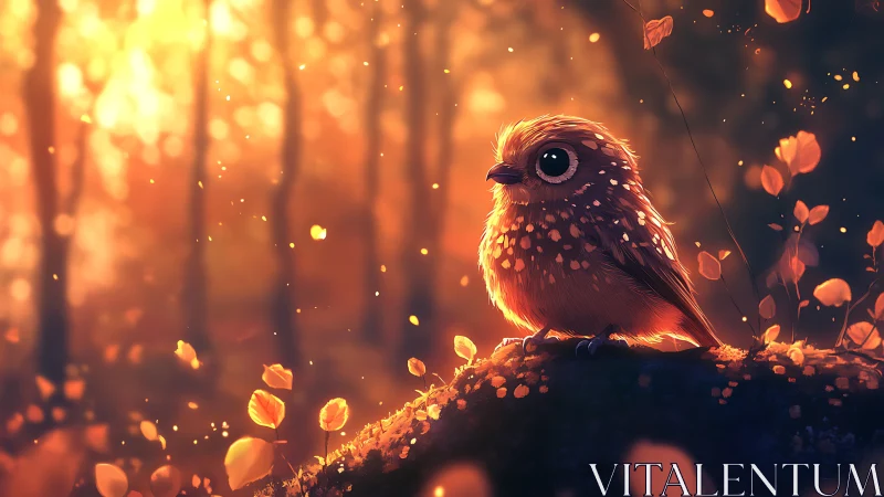 Whimsical baby owl in glowing autumn forest digital art style.