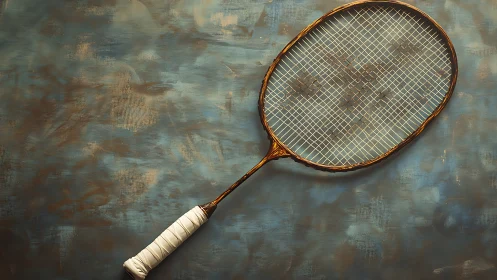 Vintage badminton racket lies on textured blue studio backdrop.