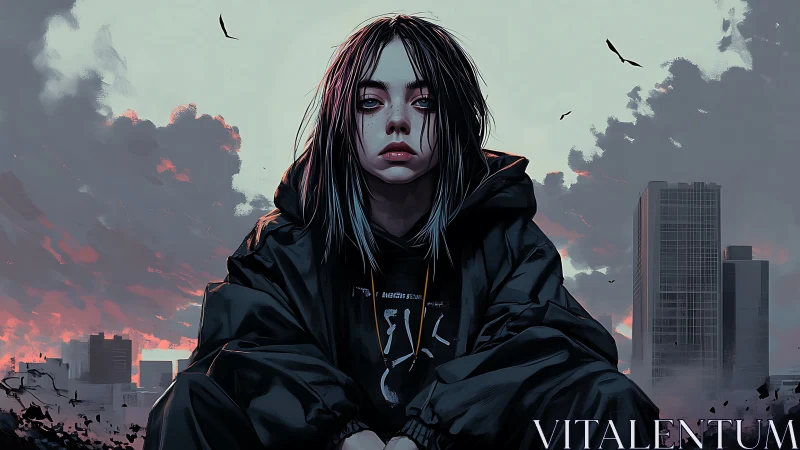 Solitary hooded figure sits before distant urban skyline