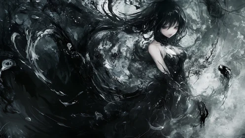 Dark anime sorceress emerges from swirling ink storm veil
