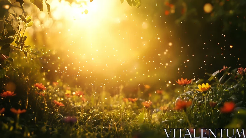 Sunlit wildflower meadow with glowing airborne particles.