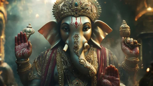 Divine Ganesha idol in cinematic golden volumetric light.