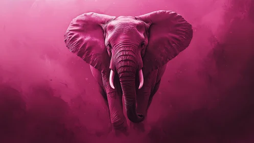 Monochrome magenta elephant portrait on diffuse background.