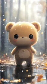 Soft plush bear under autumn rain in glowing forest path.
