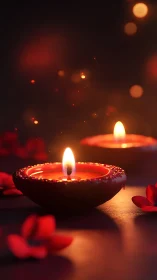 Red clay diyas glow against dark bokeh background. Period.