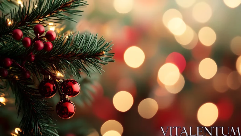 Red baubles and berries hang on fir branch against festive bokeh