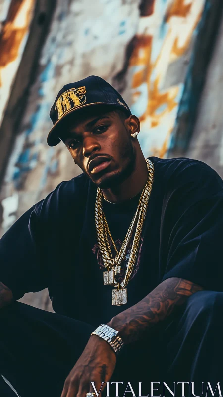 Man in streetwear with multiple gold chains outdoors.