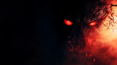 Red-lit creature eyes emerge from dense black negative space