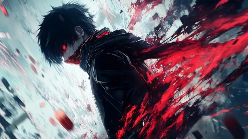 Dark anime antihero unleashes crimson energy in motion.