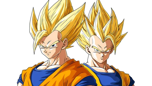 Supercharged duo in blazing gold-haired anime power pose.