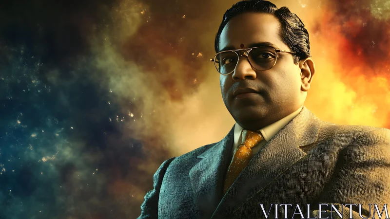 Formal male portrait with nebular bokeh and warm edge lighting