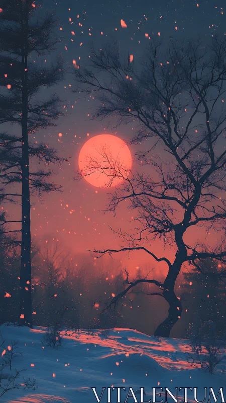 Crimson winter moonrise ignites snowlit forest hush.