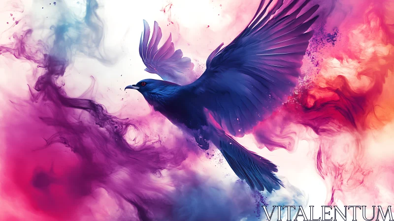 Vibrant digital painting of a soaring blue bird in pigment clouds