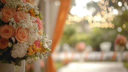 Soft rose bouquet at outdoor event with warm bokeh lighting.