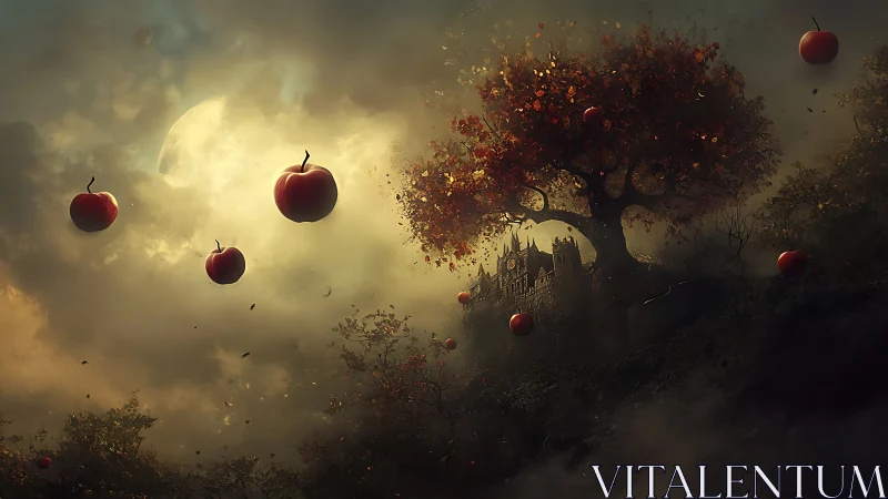 Floating apples over castle beneath moonlit autumn tree.