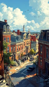 Colorful historic city street under bright summer sky.