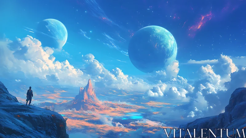 Solitary explorer overlooking twin planets above luminous clouds