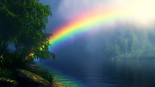 Misty lakeside rainbow arching above whispering green shores.