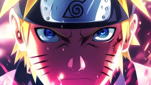 Intense anime warrior close-up under glowing pink sparks