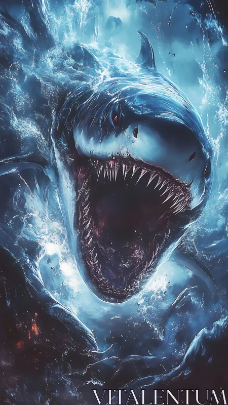 Abyssal titan shark erupts from storm-torn cosmic ocean.