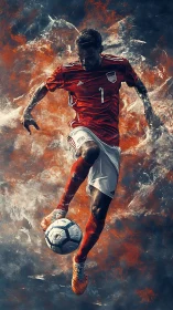 Soccer player drives ball through swirling fire and smoke