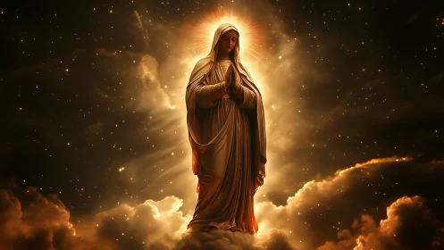 Luminous holy figure drifting through star-swept heavens.