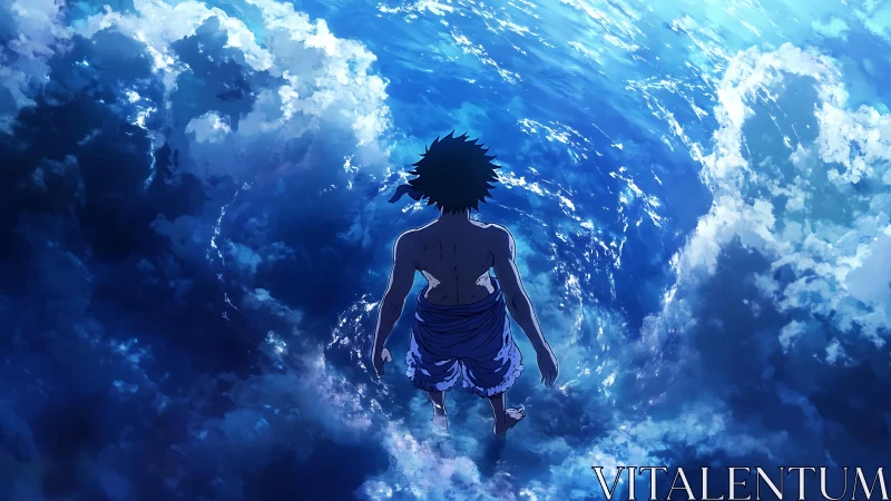 Solitary anime figure walks into a swirling blue ocean vortex.