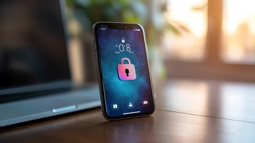 Smartphone lockscreen with vivid security icon at sunrise.