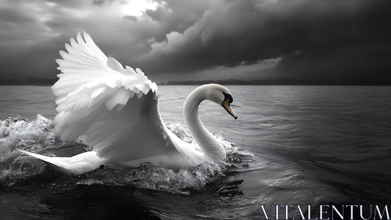 White swan cuts dark stormy lake with lifted wings