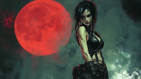 Blood-red lunar backdrop with scarred cyberpunk warrior woman