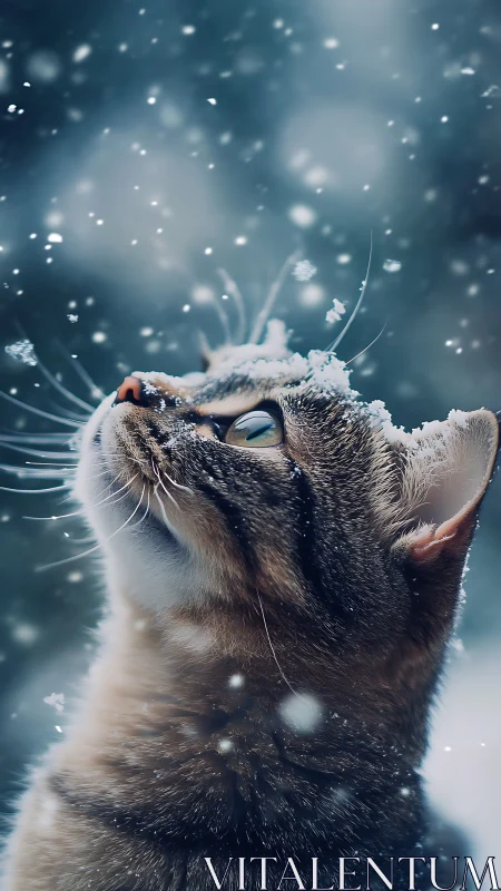 Cat Looks Up at Falling Snow
