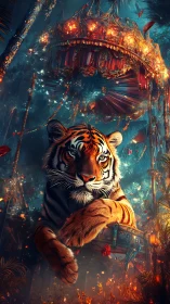 Tiger in ornate nocturnal environment with suspended structure.