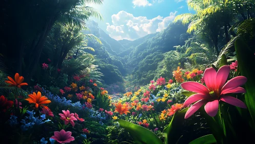 Lush tropical valley with dense multicolor wildflower bloom