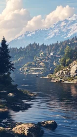 Digital painting of alpine lakeside village in vertical format.