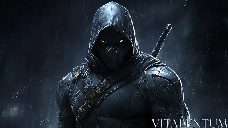 Tactical stealth operative in armored hood under volumetric rain.
