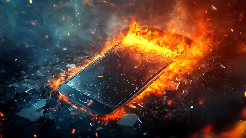 Blazing smartphone surrounded by flying sparks and chaos.